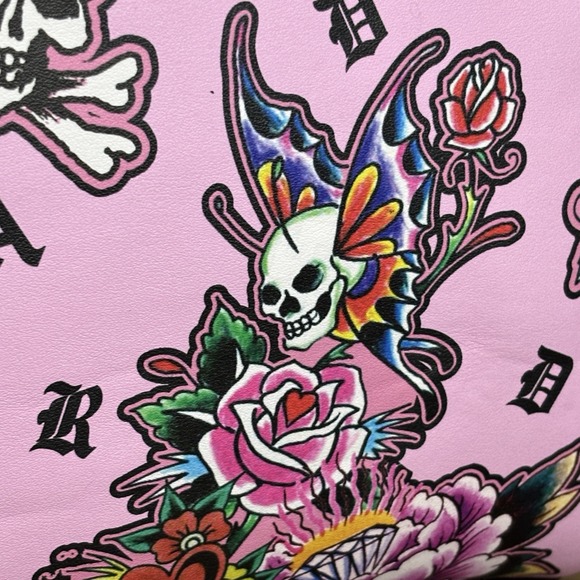 Ed Hardy Pink Y2K‎ Thermal Lunch Tote Hot or Cold Dual Straps Skulls Butterflies - Picture 3 of 15